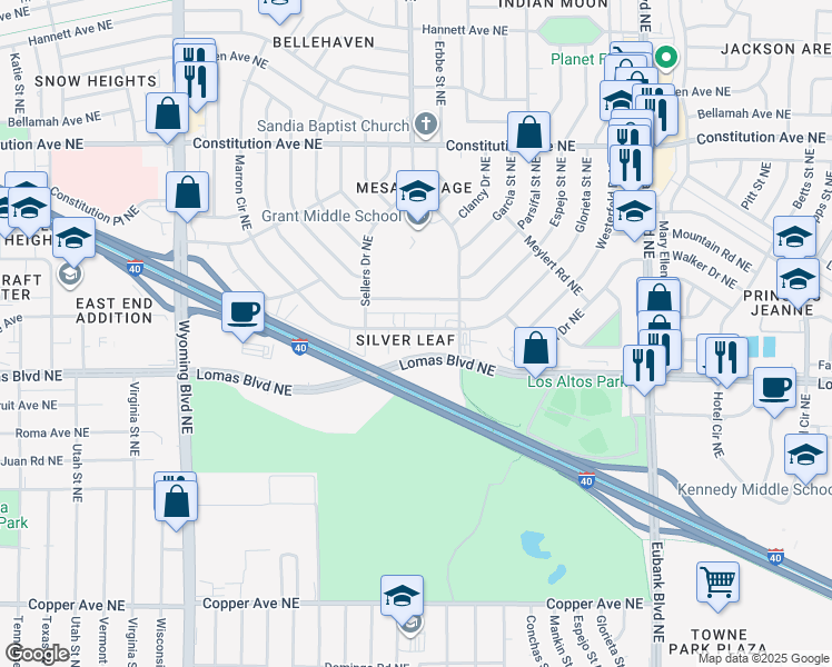 map of restaurants, bars, coffee shops, grocery stores, and more near 901 Tansion Court Northeast in Albuquerque