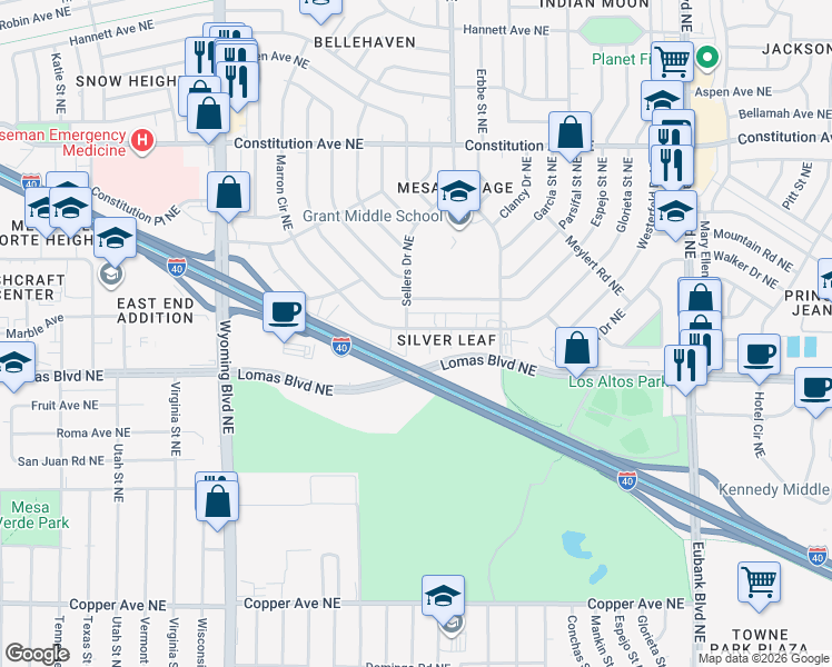 map of restaurants, bars, coffee shops, grocery stores, and more near 23 Sellers Drive Northeast in Albuquerque