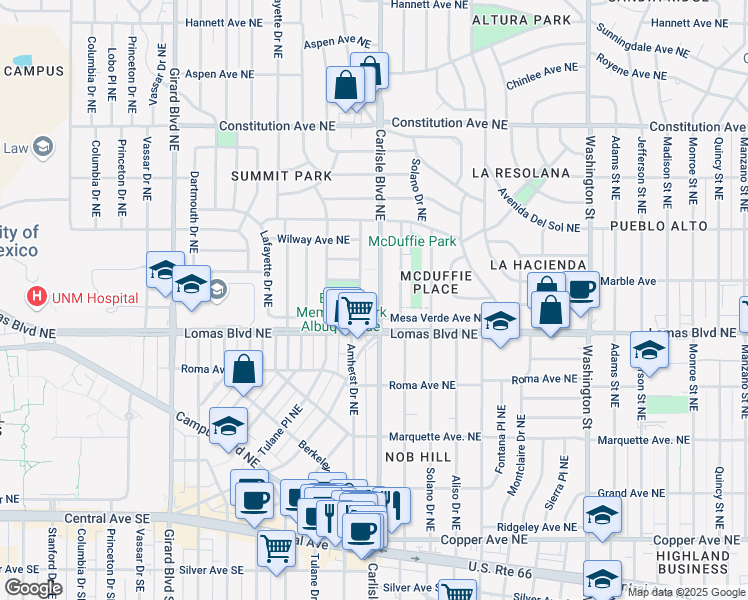map of restaurants, bars, coffee shops, grocery stores, and more near 3501 Lomas Boulevard Northeast in Albuquerque