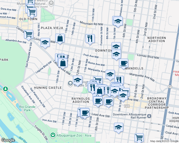 map of restaurants, bars, coffee shops, grocery stores, and more near 1010 Tijeras Avenue Northwest in Albuquerque