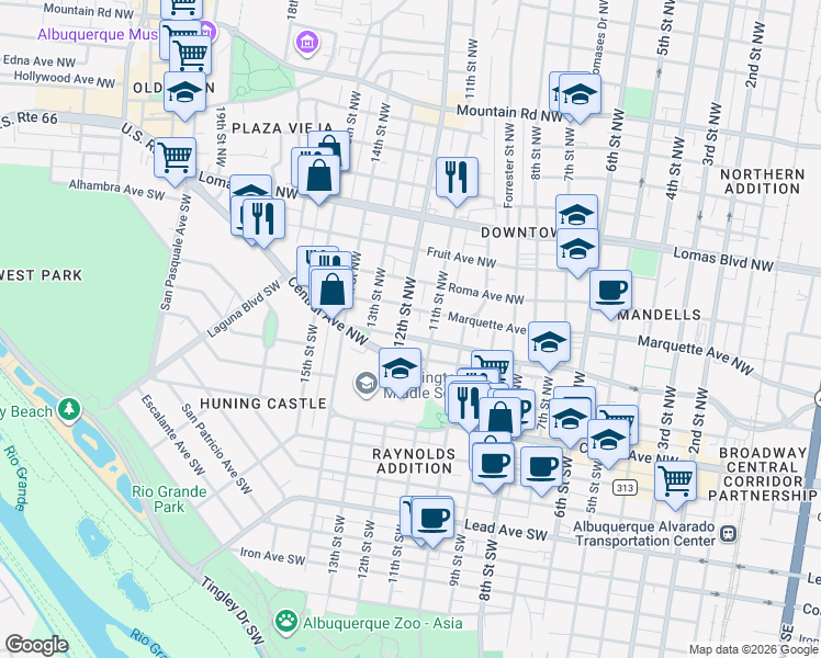 map of restaurants, bars, coffee shops, grocery stores, and more near 110 12th Street Northwest in Albuquerque