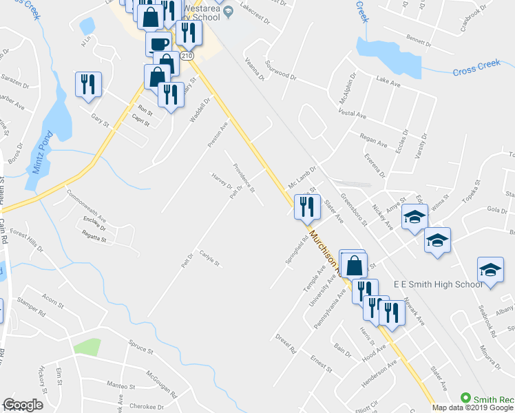map of restaurants, bars, coffee shops, grocery stores, and more near 2513 Providence Street in Fayetteville