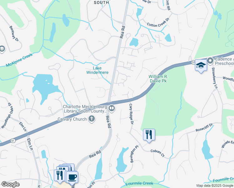 map of restaurants, bars, coffee shops, grocery stores, and more near 5623 Rea Road in Charlotte