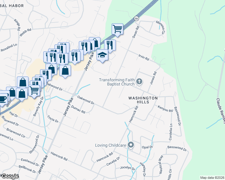 map of restaurants, bars, coffee shops, grocery stores, and more near 4818 Swan Road in Chattanooga