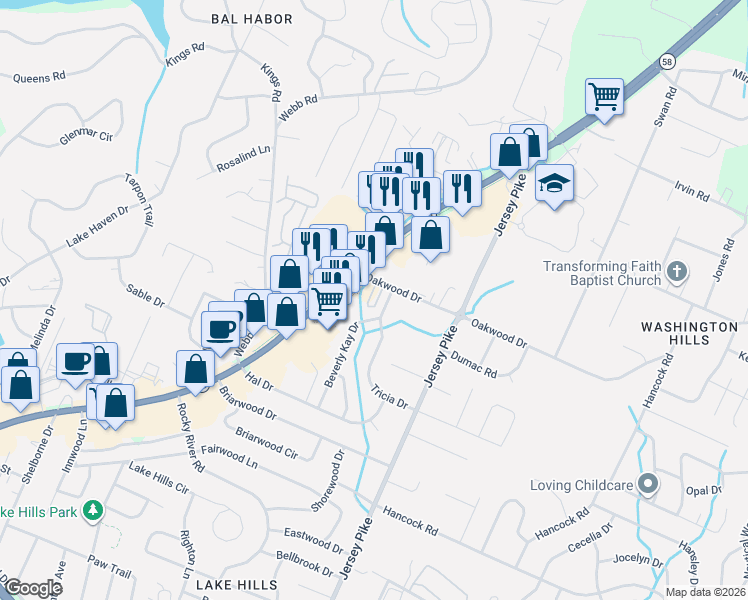 map of restaurants, bars, coffee shops, grocery stores, and more near 4721 Beverly Kay Drive in Chattanooga