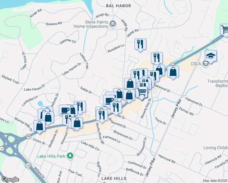 map of restaurants, bars, coffee shops, grocery stores, and more near 4632 Trailwood Drive in Chattanooga