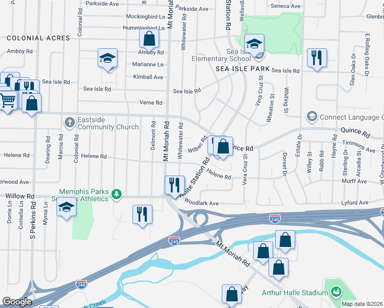 map of restaurants, bars, coffee shops, grocery stores, and more near 5060 Helene Road in Memphis