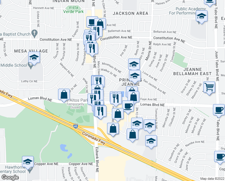 map of restaurants, bars, coffee shops, grocery stores, and more near 1013 Betts Street Northeast in Albuquerque