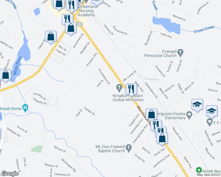 map of restaurants, bars, coffee shops, grocery stores, and more near 2515 Providence Street in Fayetteville
