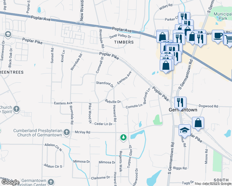 map of restaurants, bars, coffee shops, grocery stores, and more near 2239 Howard Road in Germantown