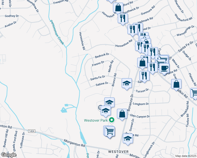 map of restaurants, bars, coffee shops, grocery stores, and more near 6133 Santa Fe Drive in Fayetteville