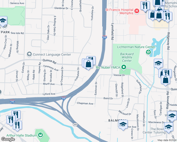 map of restaurants, bars, coffee shops, grocery stores, and more near 5695 Quince Road in Memphis