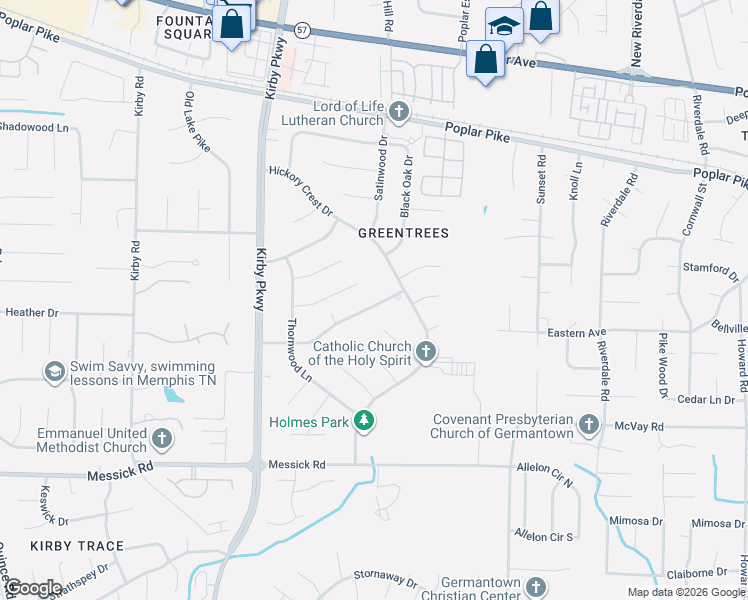map of restaurants, bars, coffee shops, grocery stores, and more near 6836 Tangleberry Lane in Memphis