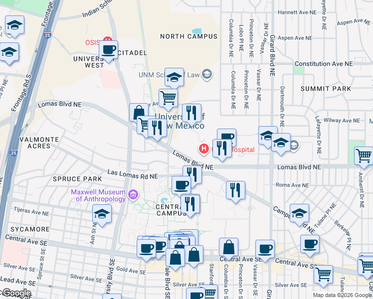 map of restaurants, bars, coffee shops, grocery stores, and more near in Albuquerque