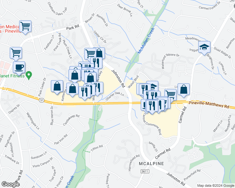 map of restaurants, bars, coffee shops, grocery stores, and more near 8013 Charter Oak Lane in Charlotte