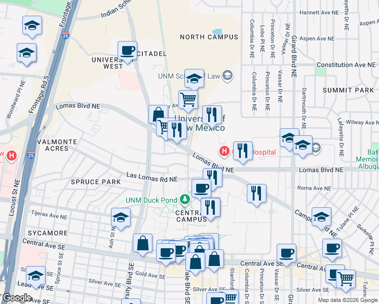 map of restaurants, bars, coffee shops, grocery stores, and more near Yale Boulevard Northeast in Albuquerque