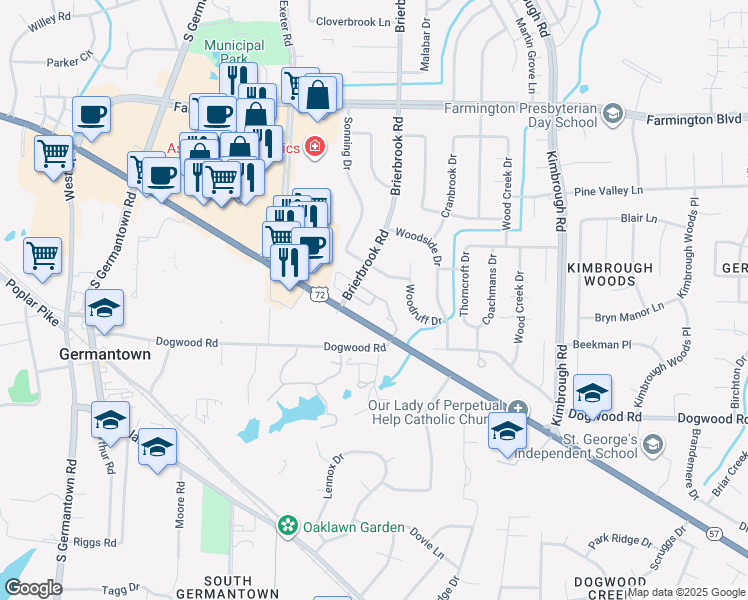 map of restaurants, bars, coffee shops, grocery stores, and more near 7935 Donnybrook Drive in Germantown