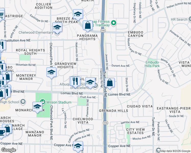 map of restaurants, bars, coffee shops, grocery stores, and more near 1001 Tramway Boulevard Northeast in Albuquerque