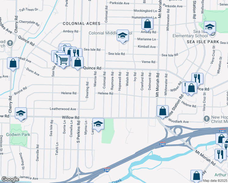 map of restaurants, bars, coffee shops, grocery stores, and more near 1598 Raymore Road in Memphis