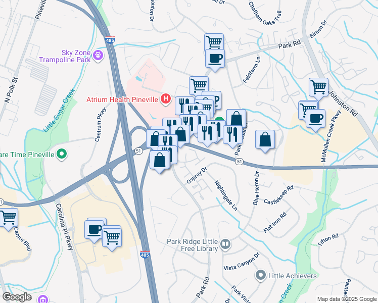map of restaurants, bars, coffee shops, grocery stores, and more near 8834 Hunter Ridge Drive in Charlotte