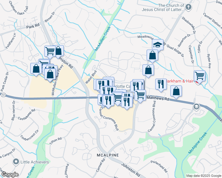 map of restaurants, bars, coffee shops, grocery stores, and more near 7745 Little Avenue in Charlotte