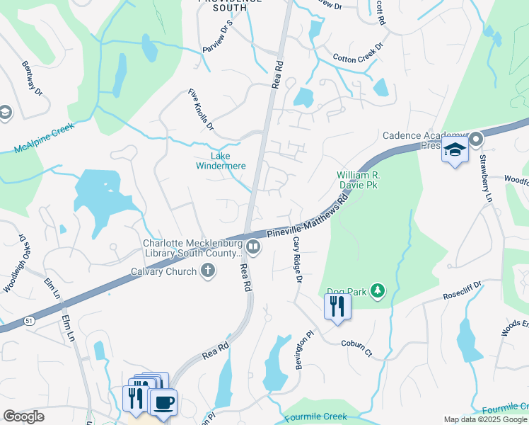 map of restaurants, bars, coffee shops, grocery stores, and more near 5515 Rea Road in Charlotte
