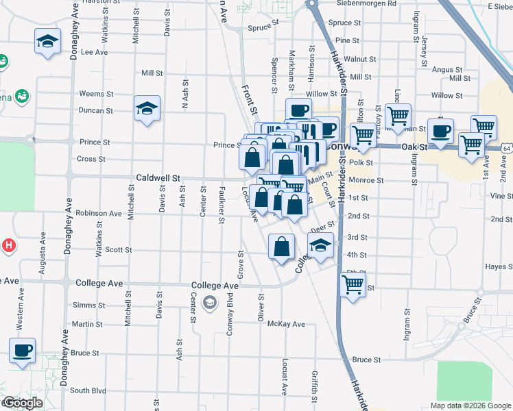 map of restaurants, bars, coffee shops, grocery stores, and more near 712 Locust Street in Conway