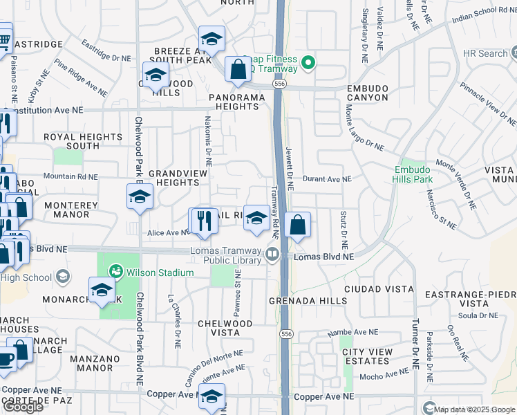 map of restaurants, bars, coffee shops, grocery stores, and more near 1001 Tramway Boulevard Northeast in Albuquerque