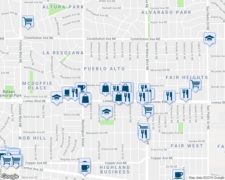map of restaurants, bars, coffee shops, grocery stores, and more near 606 Madison Street Northeast in Albuquerque