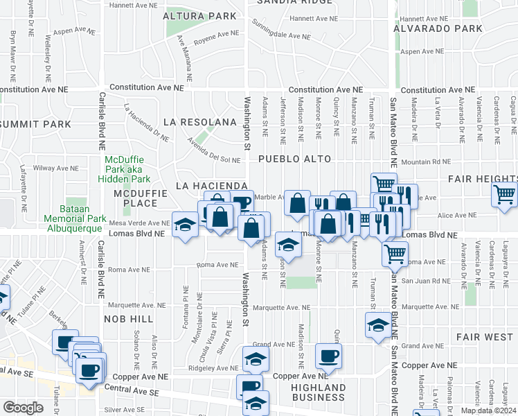 map of restaurants, bars, coffee shops, grocery stores, and more near 611 Adams Street Northeast in Albuquerque