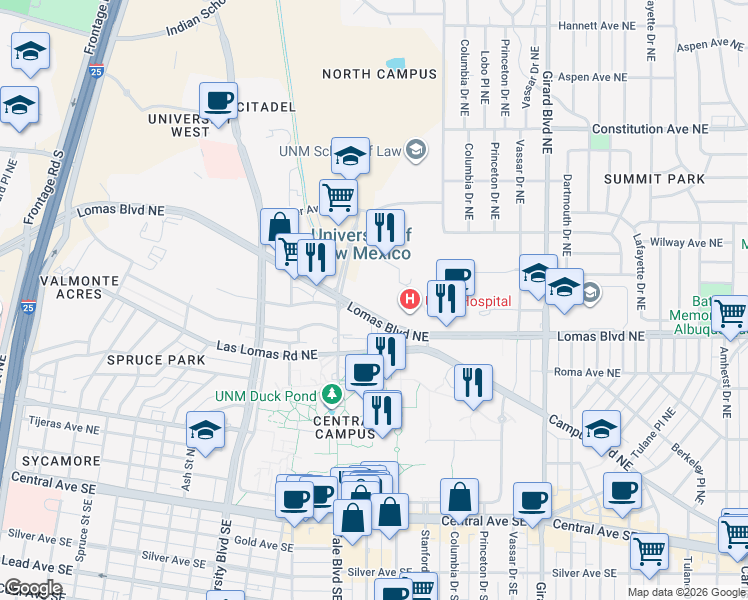 map of restaurants, bars, coffee shops, grocery stores, and more near in Albuquerque
