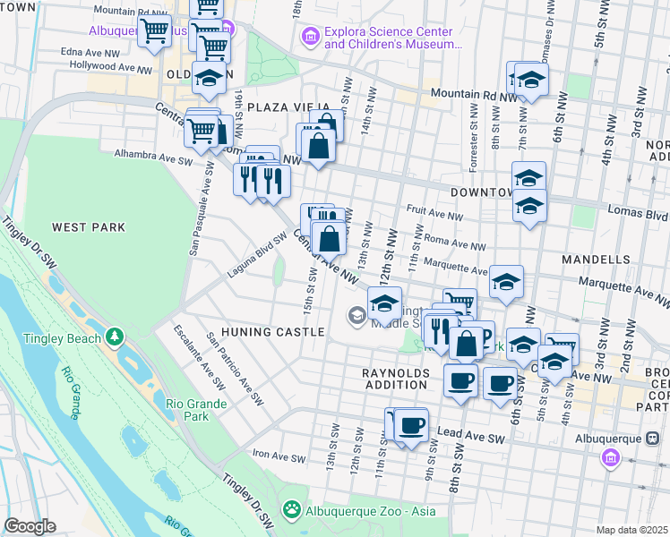 map of restaurants, bars, coffee shops, grocery stores, and more near 115 14th Street Southwest in Albuquerque