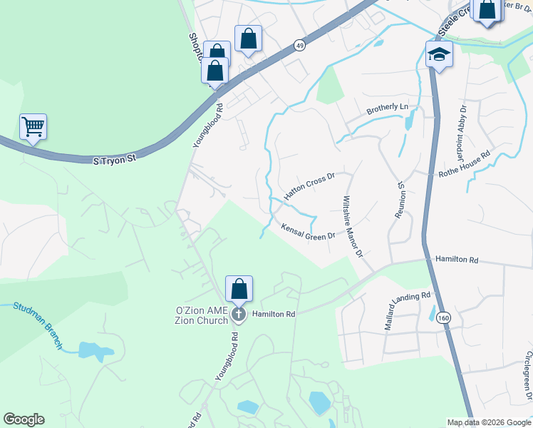 map of restaurants, bars, coffee shops, grocery stores, and more near 13739 Kensal Green Drive in Charlotte
