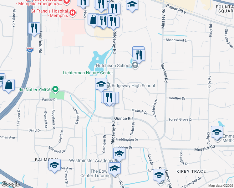 map of restaurants, bars, coffee shops, grocery stores, and more near 2161 Ridgeway Road in Memphis