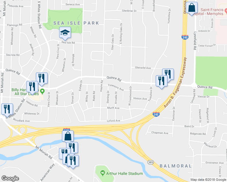 map of restaurants, bars, coffee shops, grocery stores, and more near 1600 Arcadia Street in Memphis