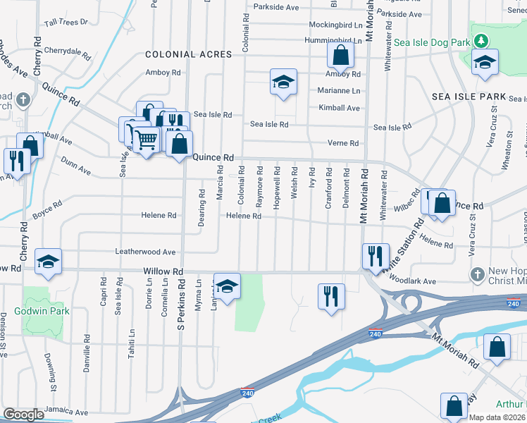 map of restaurants, bars, coffee shops, grocery stores, and more near 1598 Raymore Road in Memphis