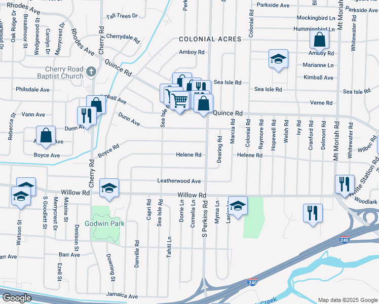 map of restaurants, bars, coffee shops, grocery stores, and more near 4604 East Dearing Road in Memphis