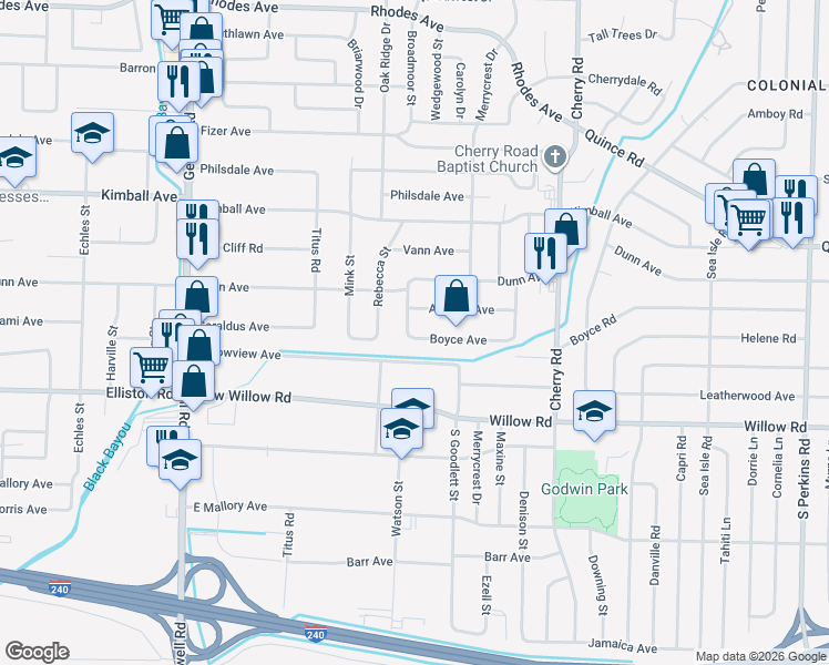 map of restaurants, bars, coffee shops, grocery stores, and more near 4205 Boyce Avenue in Memphis