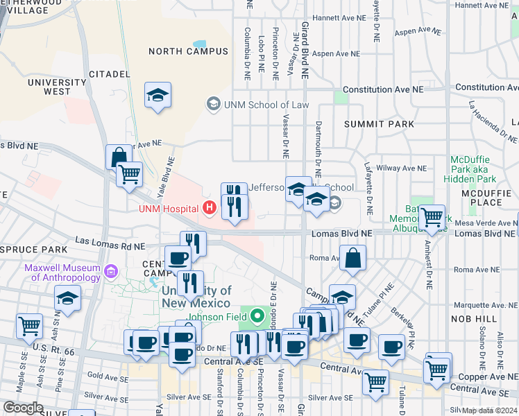 map of restaurants, bars, coffee shops, grocery stores, and more near 801 Vassar Drive Northeast in Albuquerque