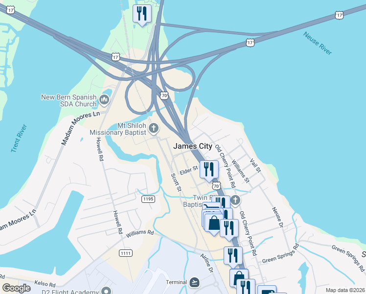 map of restaurants, bars, coffee shops, grocery stores, and more near 506 Brown Drive in New Bern