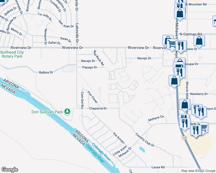 map of restaurants, bars, coffee shops, grocery stores, and more near 2325 Lakeside Drive in Bullhead City