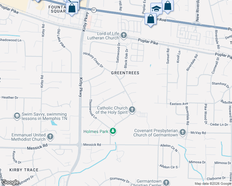 map of restaurants, bars, coffee shops, grocery stores, and more near 6836 Tangleberry Lane in Memphis
