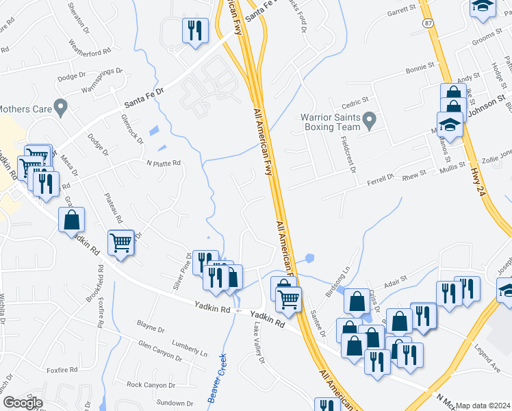 map of restaurants, bars, coffee shops, grocery stores, and more near 602 Dashland Drive in Fayetteville