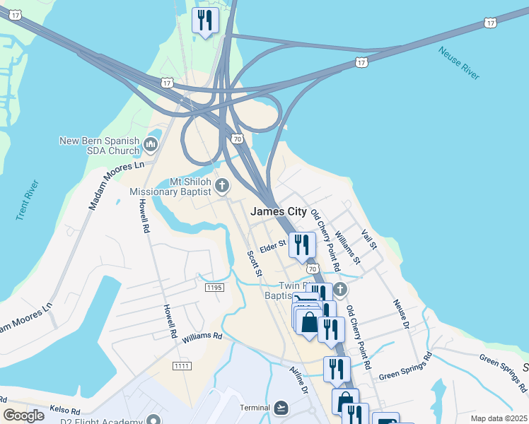 map of restaurants, bars, coffee shops, grocery stores, and more near 410 Brown Drive in New Bern