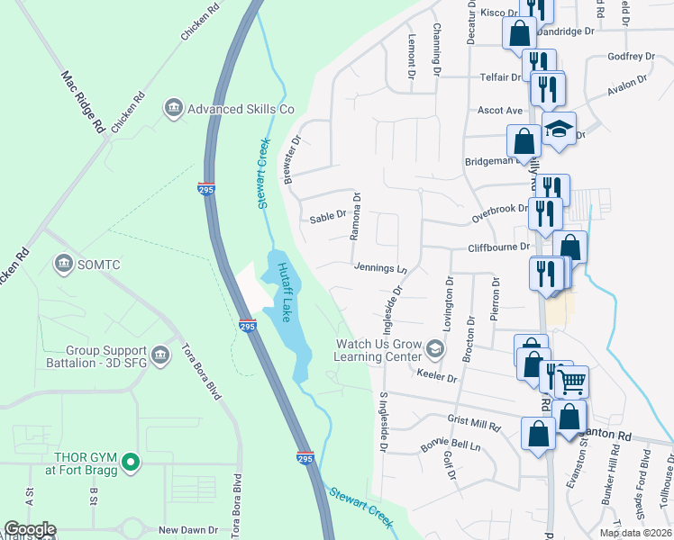 map of restaurants, bars, coffee shops, grocery stores, and more near 7605 Jennings Lane in Fayetteville
