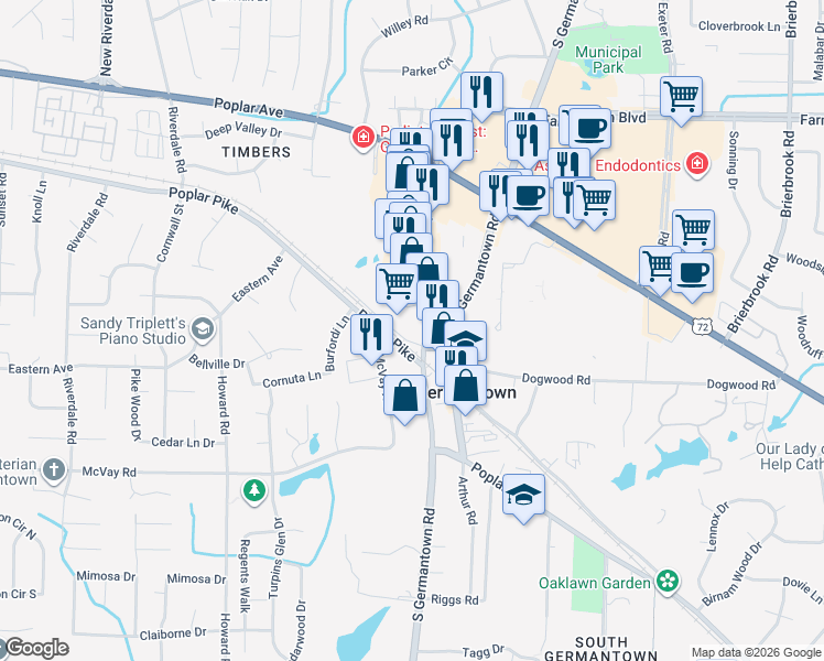 map of restaurants, bars, coffee shops, grocery stores, and more near 7497 Poplar Pike in Germantown