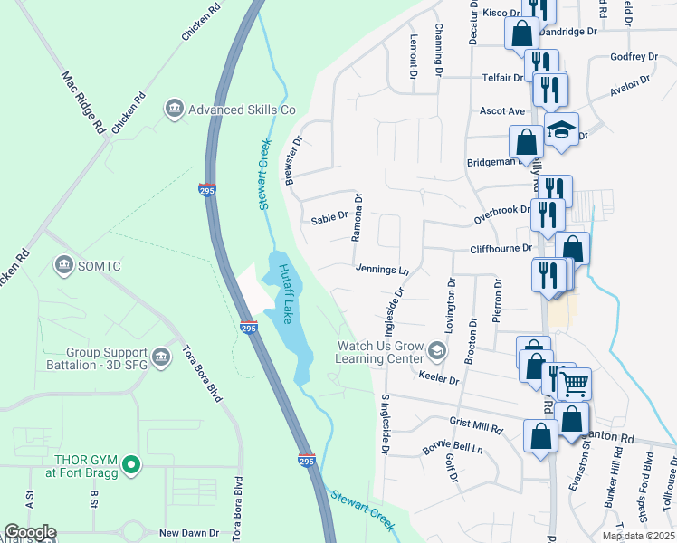 map of restaurants, bars, coffee shops, grocery stores, and more near 7605 Jennings Lane in Fayetteville