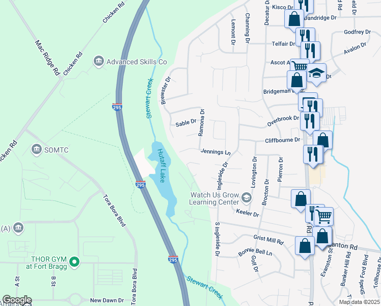 map of restaurants, bars, coffee shops, grocery stores, and more near 7605 Jennings Lane in Fayetteville