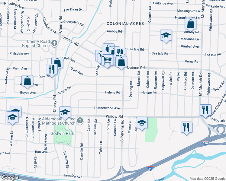 map of restaurants, bars, coffee shops, grocery stores, and more near 4604 East Dearing Road in Memphis