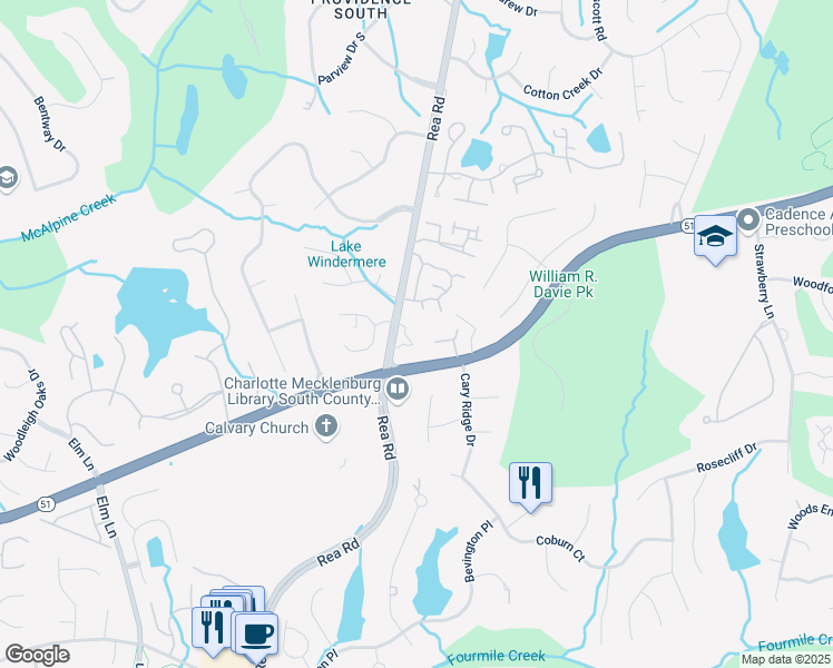map of restaurants, bars, coffee shops, grocery stores, and more near 5515 Rea Road in Charlotte